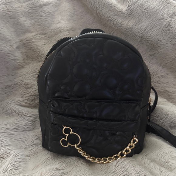 Disney Mickey Mouse Black Quilted Backpack with Gold Chain - Picture 1 of 7